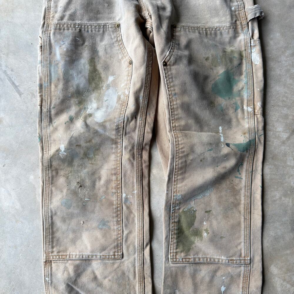 VINTAGE TAN CARHARTT DOUBLE KNEE PANTS PAINTED CARPENTER RIVETED RELAXED 32X32 - Picture 5 of 8